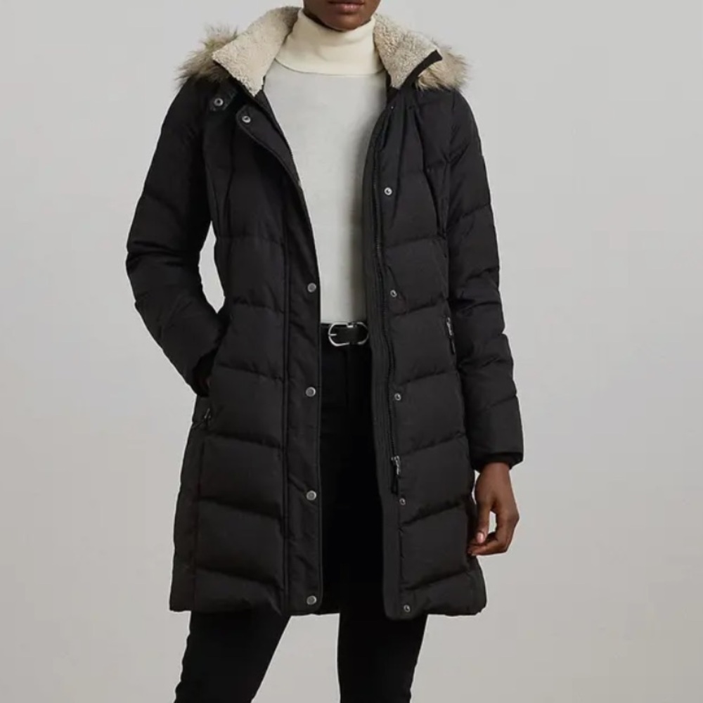 Faux Fur Trim Quilted Down & Feather Fill Hooded Puffer Coat